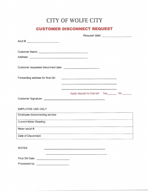 First page of the Customer Disconnect Request