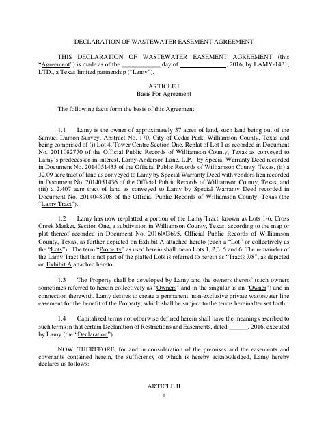 First page of the Declaration of Wastewater Easement Agreement