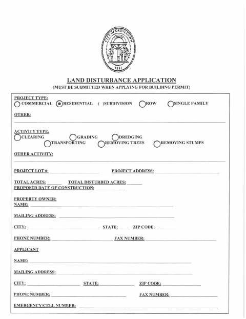 First page of the Land Disturbance Application