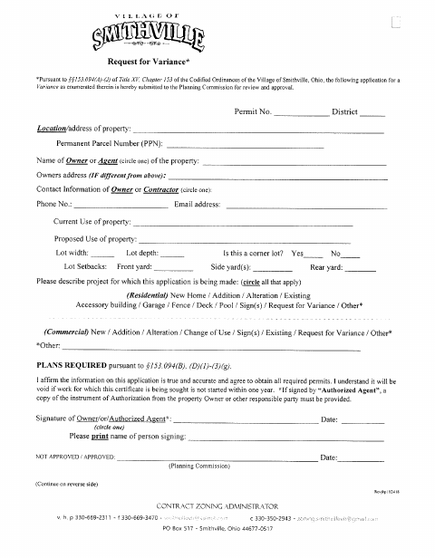First page of the Request for Variance