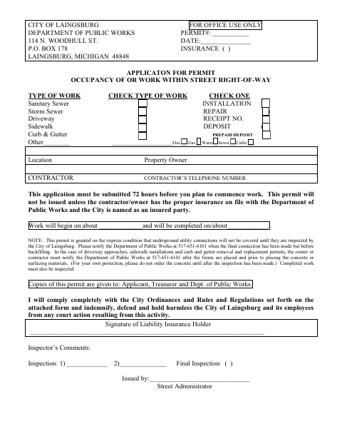 First page of the Street Right-of-Way Work Permit Application