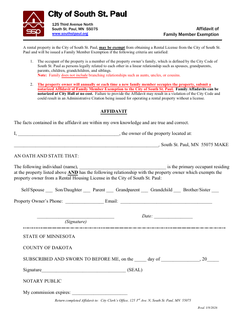 First page of the Affidavit of Family Member Exemption