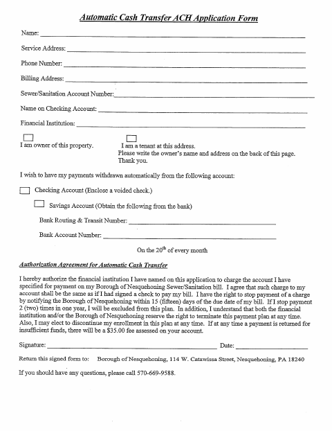First page of the Automatic Cash Transfer ACH Application Form