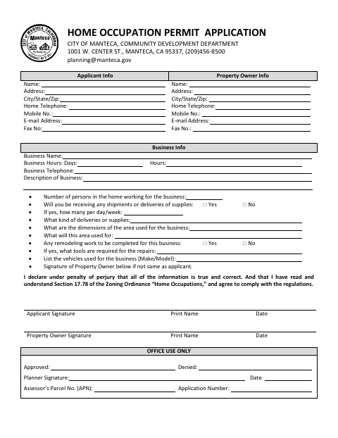 First page of the Home Occupation Permit Application