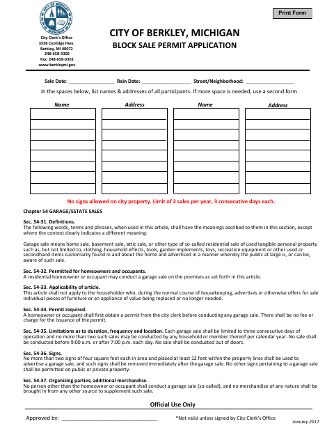 First page of the Block Sale Permit Application
