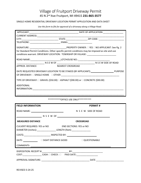 First page of the Single Home Residential Driveway Location Permit Application and Data Sheet