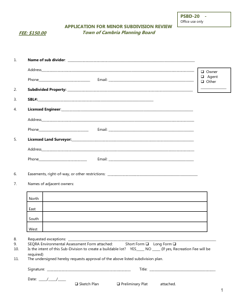 First page of the Application for Minor Subdivision Review