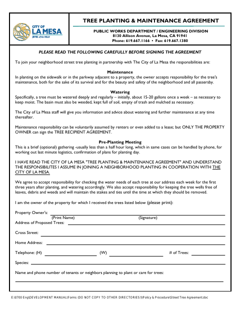 First page of the Tree Planting & Maintenance Agreement
