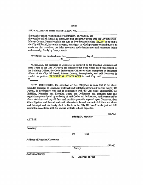 First page of the $5,000 Electricians Bond