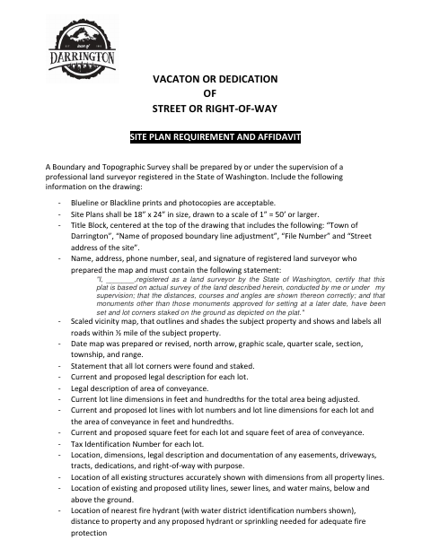 First page of the Vacation or Dedication Site Plan Requirement and Affidavit