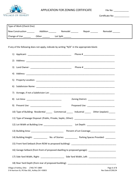 First page of the Application for Zoning Certificate