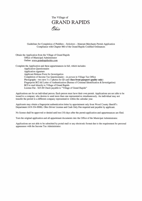 First page of the Peddlers, Solicitors, and Itinerant Merchants Permit Application