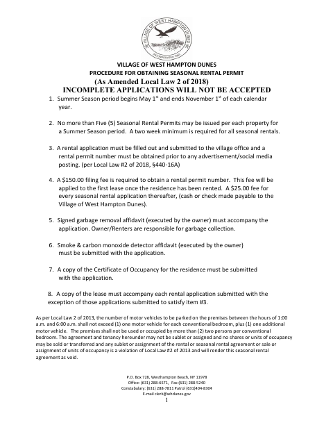 First page of the Seasonal Rental Permit Application
