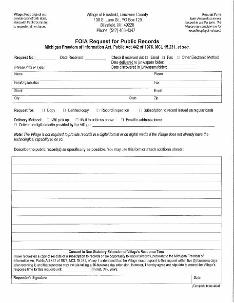 First page of the Freedom of Information Act (FOIA) Request Form