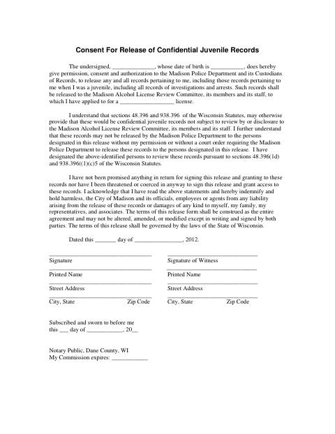 First page of the Consent for Release of Confidential Juvenile Records