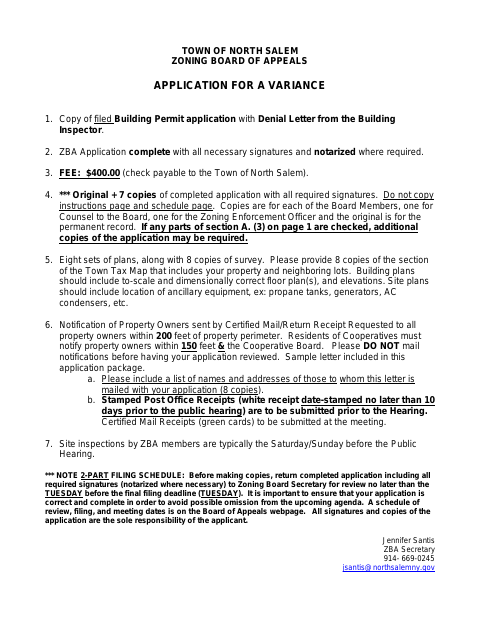 First page of the Area Variance Application