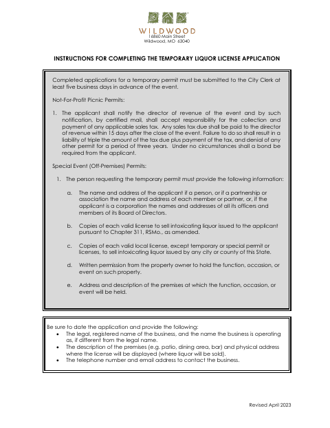 First page of the Temporary Liquor License Application