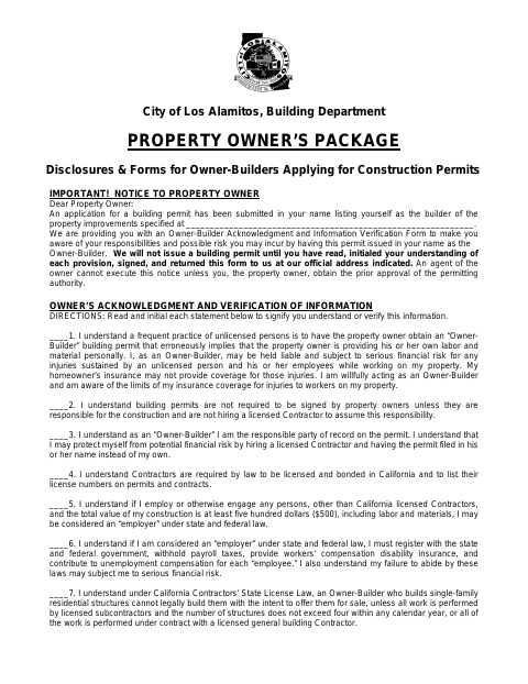 First page of the Property Owner Acknowledgment (Owner-Builder Package)