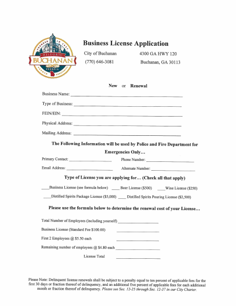 First page of the Business License Application