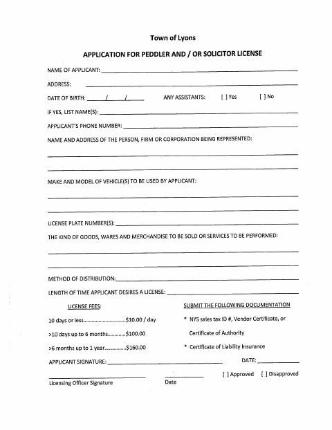 First page of the Peddler and Solicitor License Application