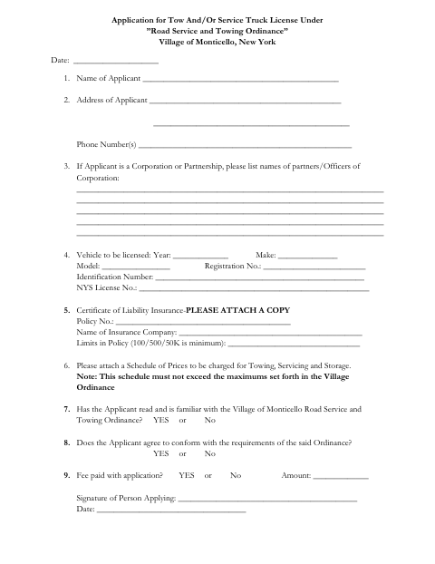 First page of the Tow And/Or Service Truck License Application