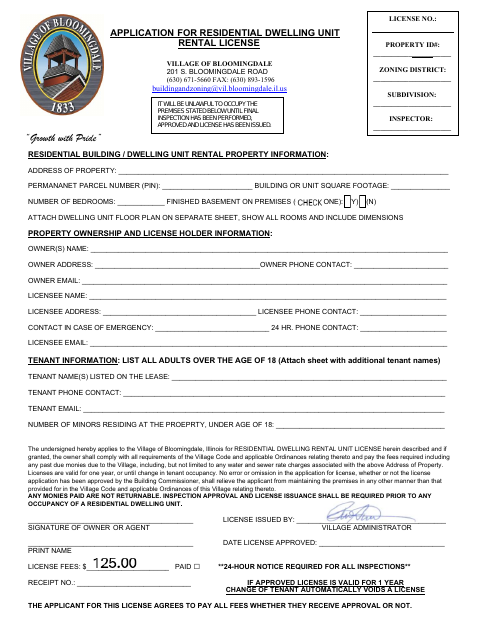 First page of the Application for Residential Dwelling Unit Rental License
