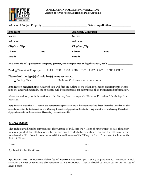 First page of the Application for Zoning Variation