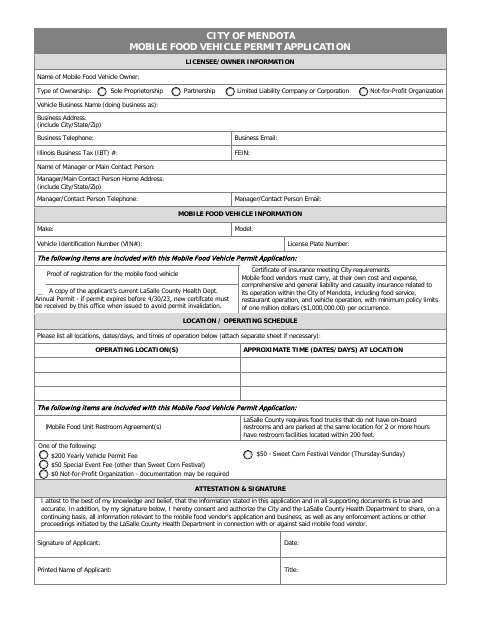 First page of the Mobile Food Vehicle Permit Application