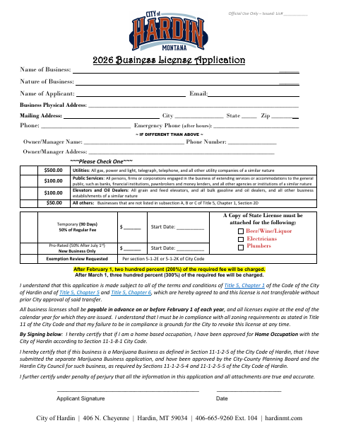 First page of the 2026 Business License Application