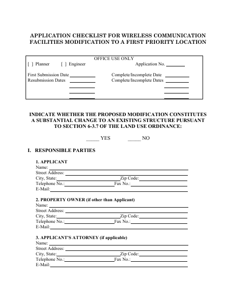 First page of the Wireless Communication Facilities Modification to a First Priority Location Application and Checklist
