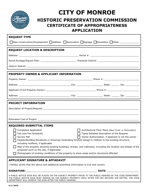 First page of the Historic Preservation Commission Certificate of Appropriateness Application