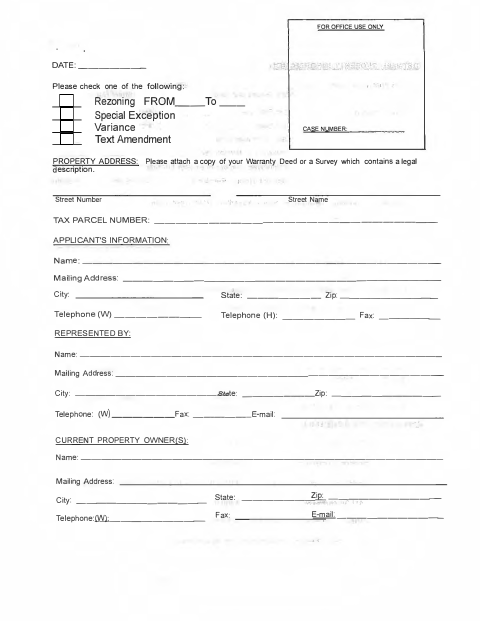 First page of the Rezoning, Special Exception, and Variance Application