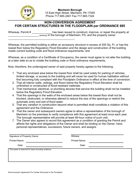 First page of the Nonconversion Agreement For Certain Structures In The Floodplain