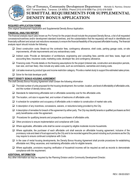 First page of the Supplemental Density Bonus Application