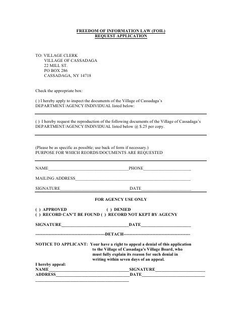 First page of the Freedom of Information Law (FOIL) Request Application