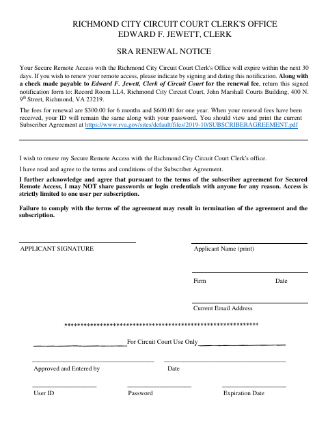 First page of the SRA Renewal Notice