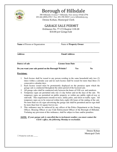 First page of the Garage Sale Permit