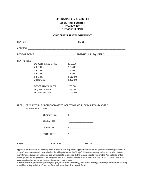 First page of the Civic Center Rental Agreement