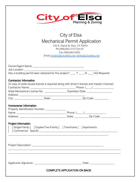 First page of the Mechanical Permit Application
