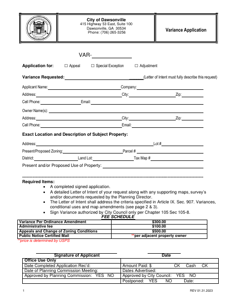 First page of the Variance Application