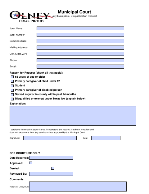 First page of the Municipal Court Jury Exemption / Disqualification Request