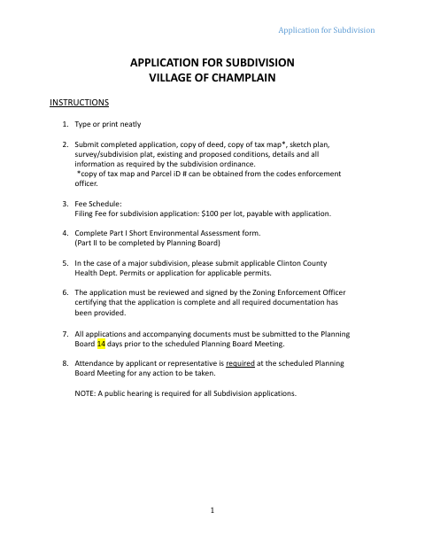 First page of the Application for Subdivision