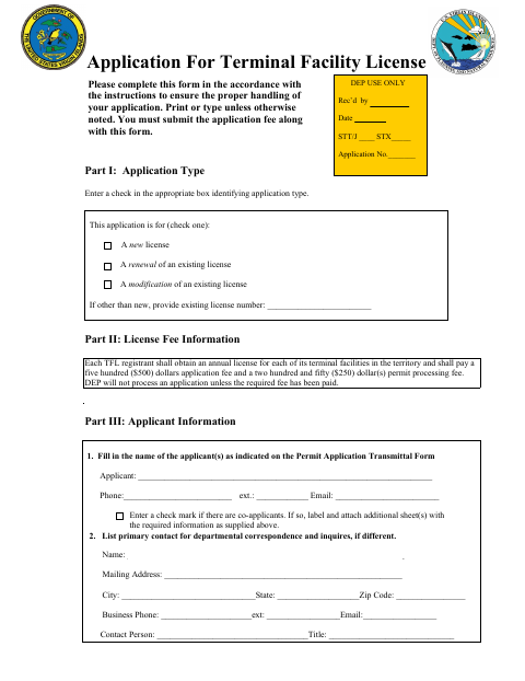 First page of the Terminal Facility License Application