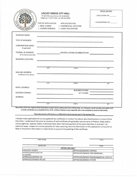 First page of the Business License Application