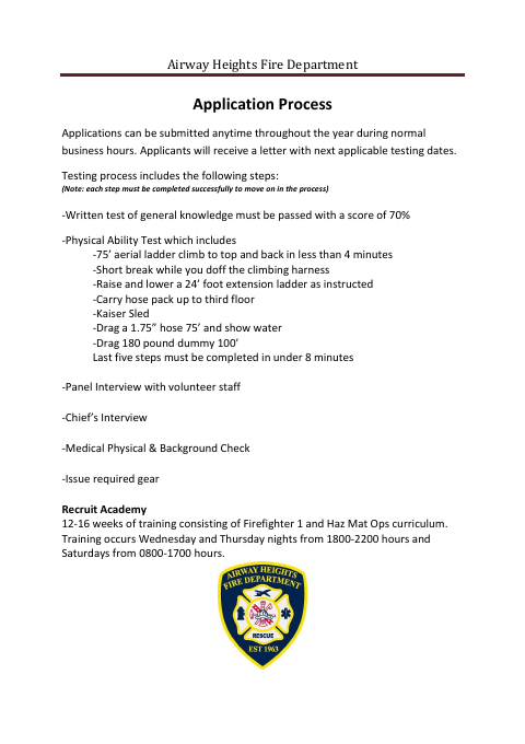 First page of the Volunteer Firefighter Application