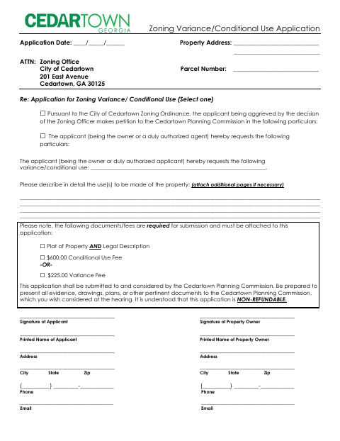 First page of the Conditional Use and Zoning Variance Application