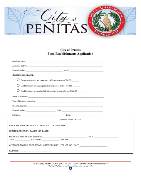 First page of the Food Establishments Application