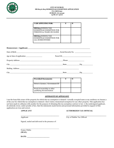 First page of the HB 803 & 805 Homestead Exemption Application