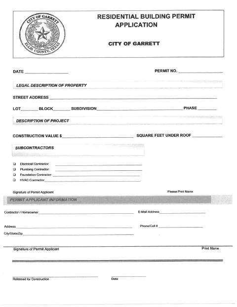 First page of the Residential Building Permit Application