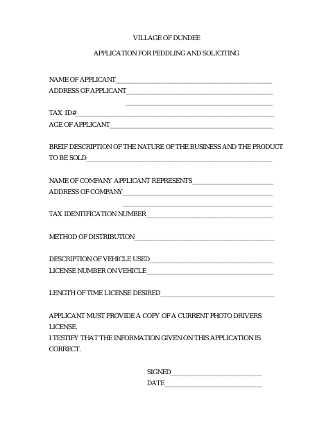 First page of the Application for Peddling and Soliciting